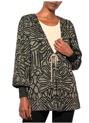 New Ming Wang Size Large Lurex Black Gold Open Front Jacket Sweater w Clasp NWT