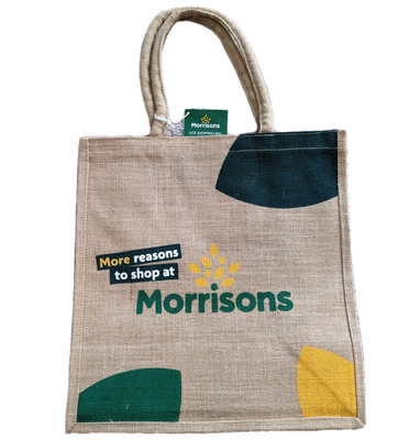 Morrisons BLOCK Fabric Jute Hessian Shopper Bag Reusable Shopping Carrier  NEW UK