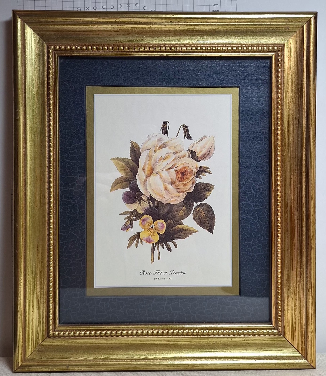 Pair Vintage P.J. Redouté Gold Framed Rose Prints 10.5