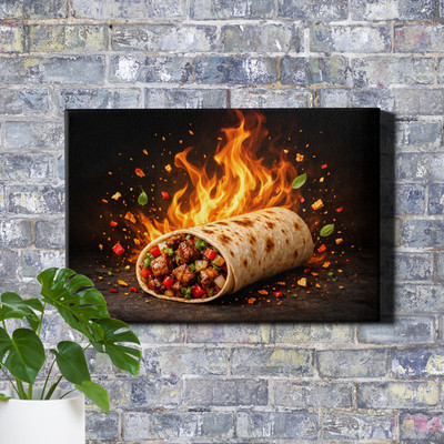 Spicy burrito flames Wall Art fiery embers on black background