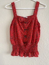Sienna Sky CropTop Women’s Size Small Red Floral Ruffle Elastic Smocked Waist