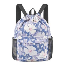 Drawstring Backpack Sports Gym Sackpack Mesh Pockets Blue Flower