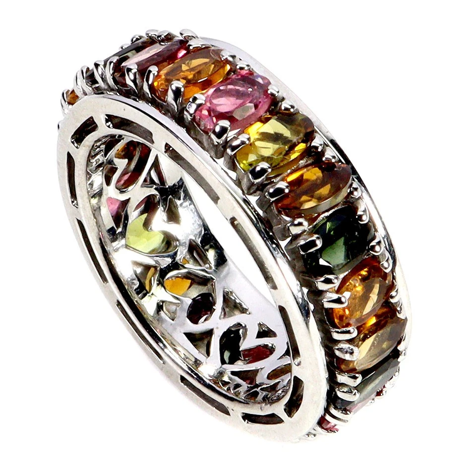 925 Anello Argento Sterling Ovale Tormalina 5x3mm Naturale Gemma Gioielli Size 8 - Immagine 2 di 4