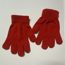 Girls Red Knit Gloves Solid Pattern Ribbed Cuff Pair One Size
