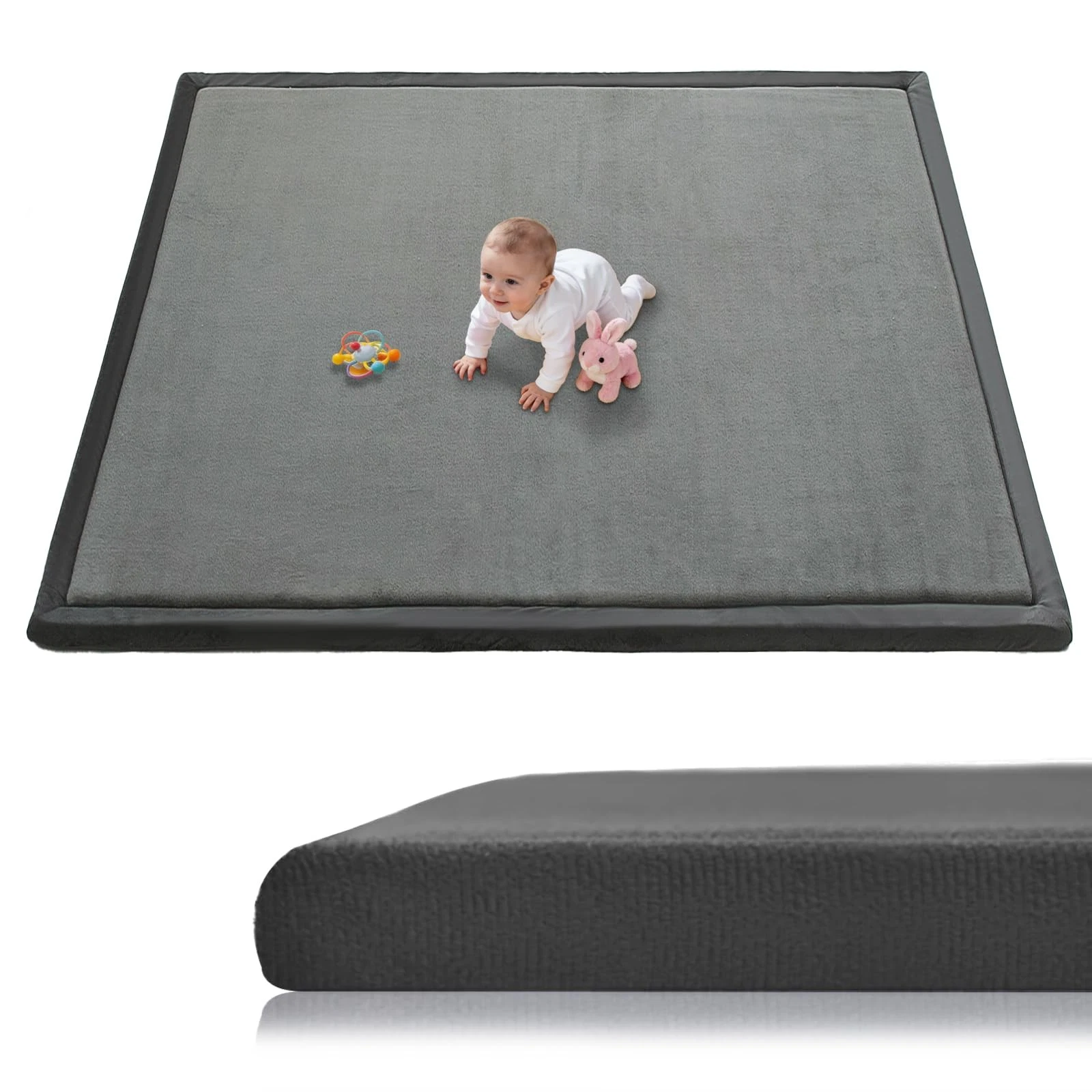 Baby Play Mat for Floor, 1.3 Inch Thick Memory Foam Tummy Time Mat with Non S...