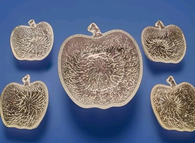 Vintage Nice 5pc Italian Covetro Pressed Glass Apple Shaped Tree Bark Textured