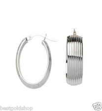 8mm Wide Textured Ribbed Oval Hoop Earrings Real 14K White Gold