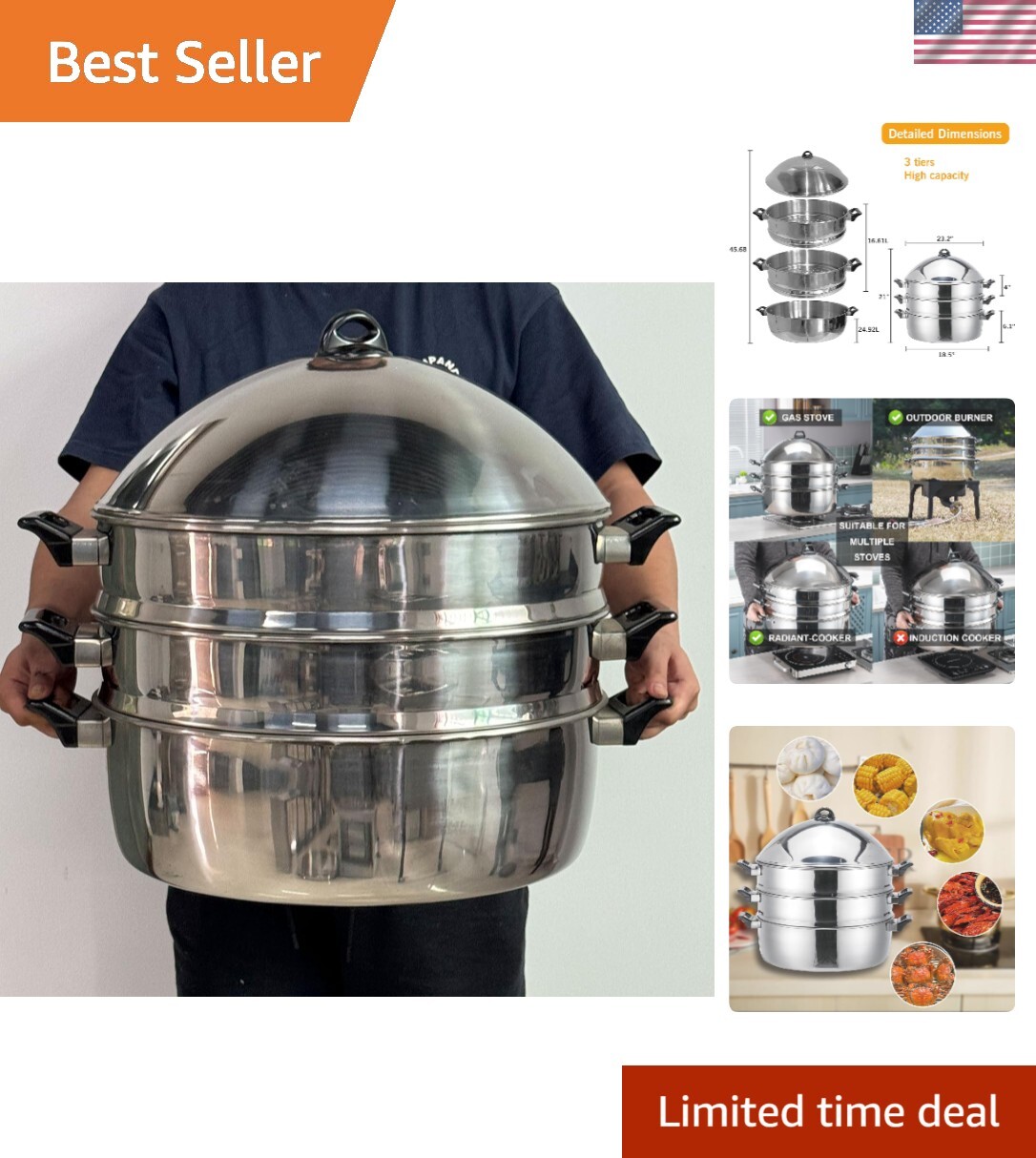 LetFeng 19-inch 3-Tier Steamer Pot with Lid for Multipurpose Cooking-image