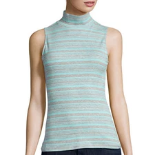 BELLE + SKY Rib Mockneck Tank Top Size M, L, XL New Aqua Tint Stripe