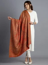 Red Orange Hand-Cut Kani Shawl Pashmina Wool Paisley Jamavar Wrap 85” x 42”