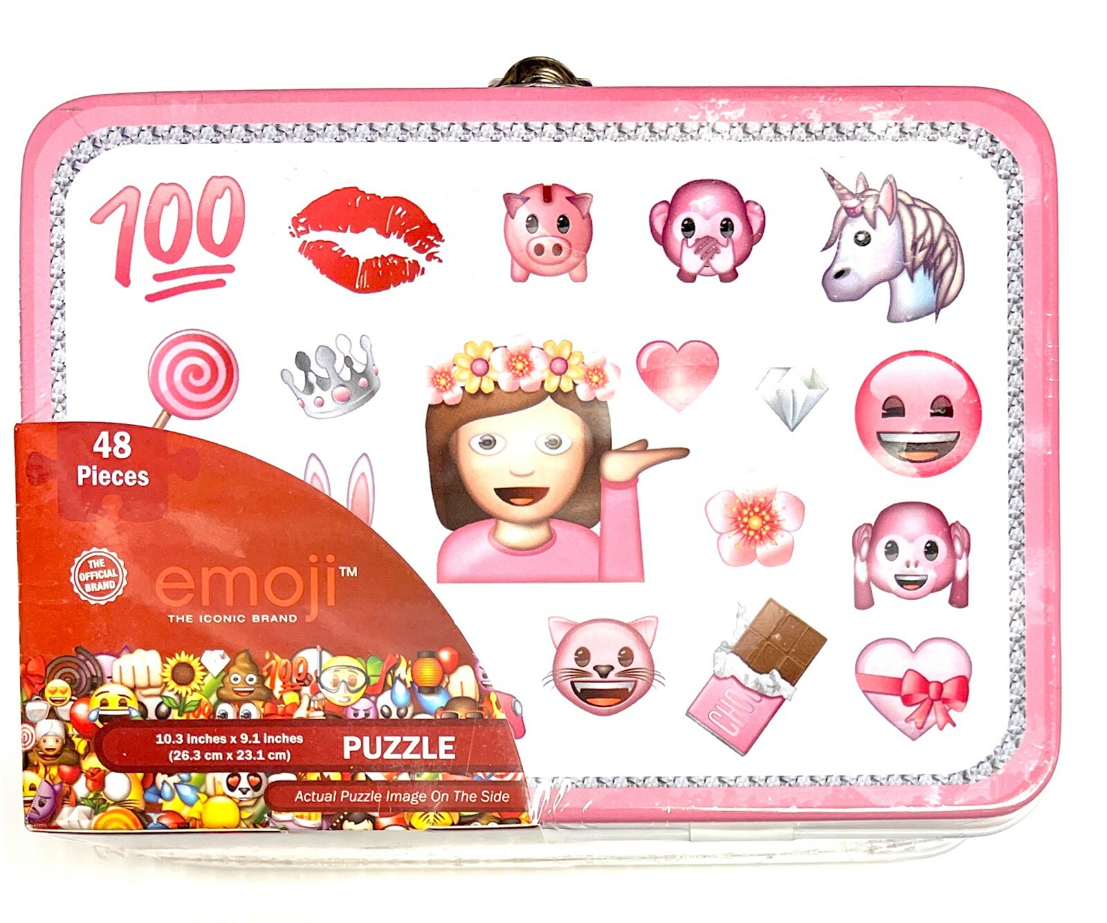 emoji Pink Metal Tin Lunch Box with 48 Pieces Puzzle 10.3''x9.1'' - NEW
