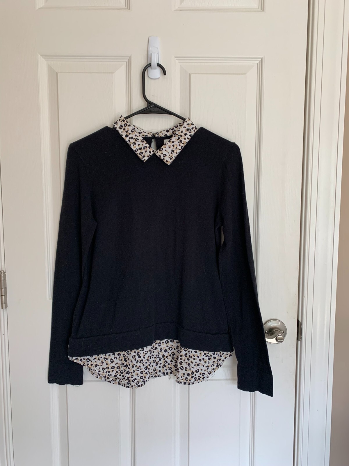 J Crew Collared Leopard Print/Solid Black Long Sl… - image 1