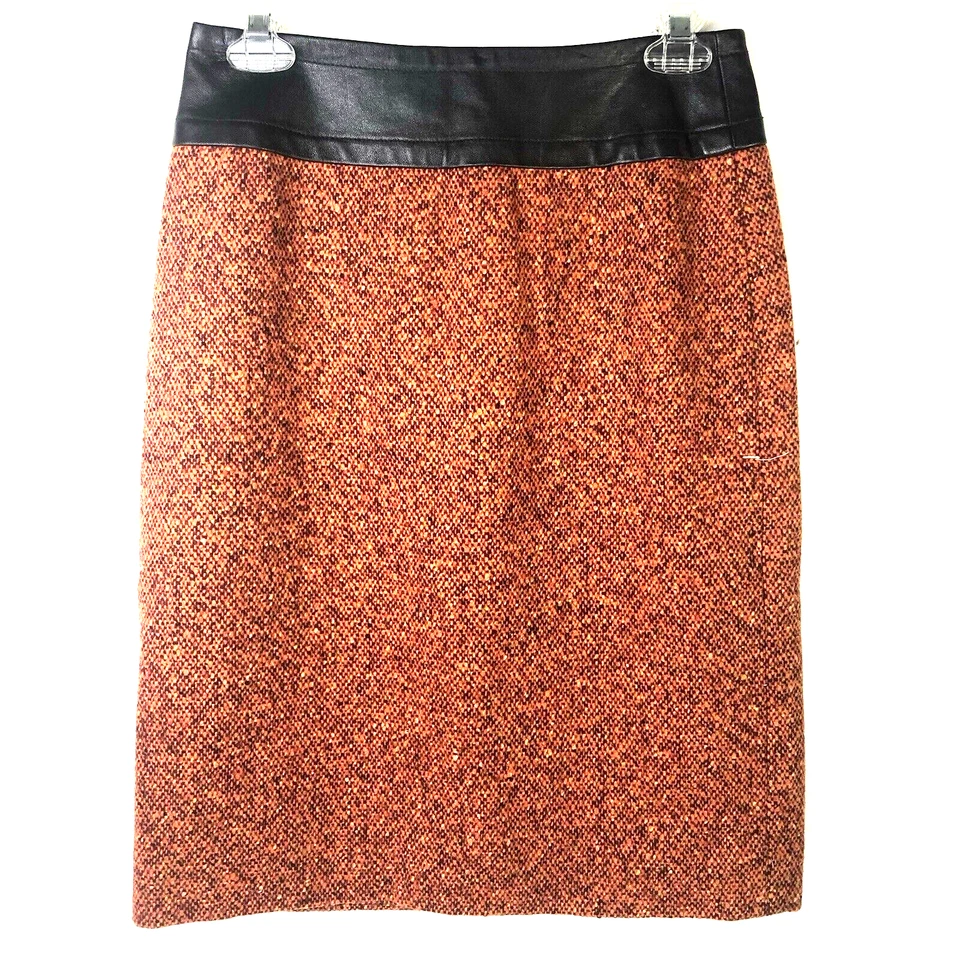 Falda lápiz ETCETERA mezcla de lana naranja marrón forrada por encima de la rodilla talla 2 ribete de cuero