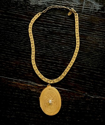 Vintage Miriam Haskell Double Locket Necklace Embossed Gold Tone New
