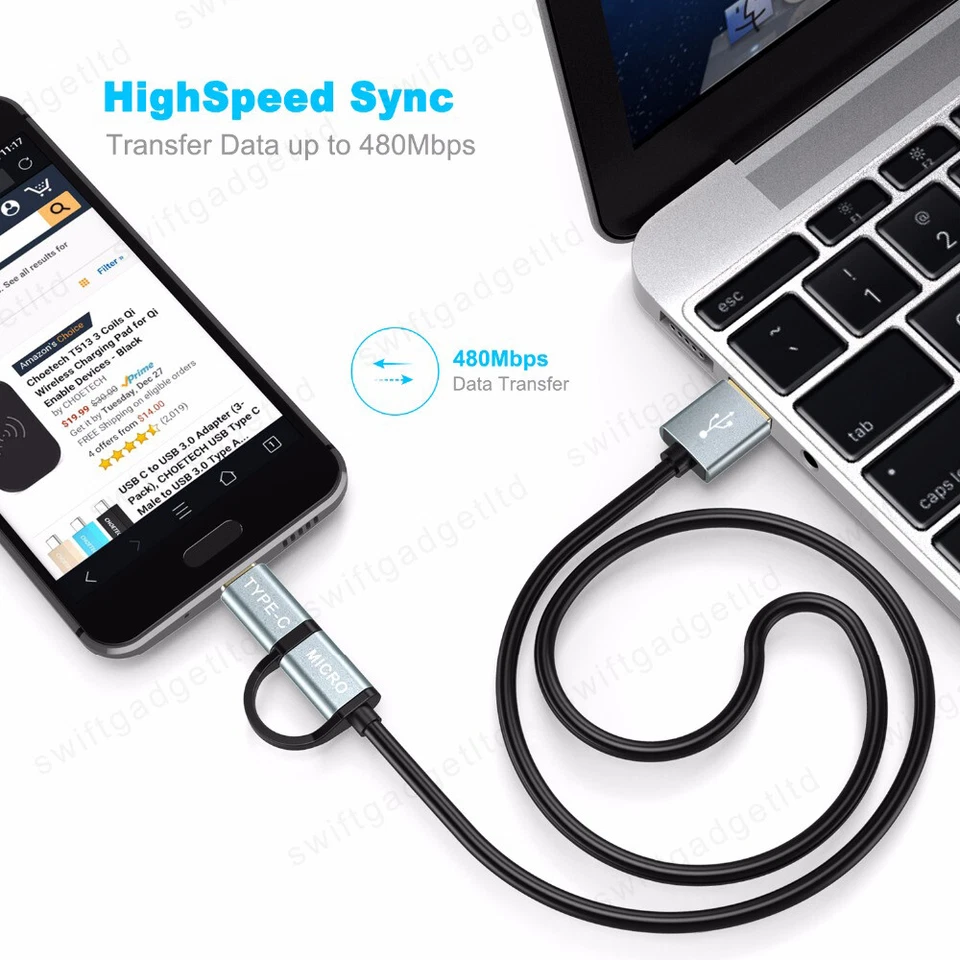 2 in 1 USB C Cable Micro USB Cable Type C Fast Charging Charger Data Lead 1M 2M - Image 4 of 4