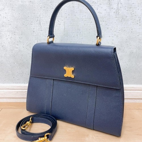 CELINE Triomphe Leather 2-Way Handbag Blue