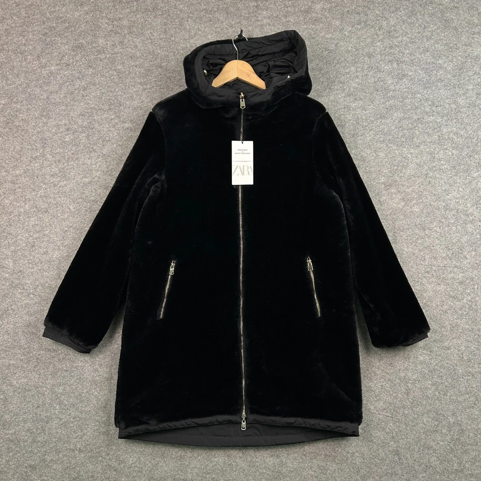 Zara Jacket Womens Small Black Water Repellent Reversible Faux Fur Rain Coat - Image 2 of 4
