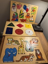 Vintage Wooden Peg Puzzles Lot of 3 Animals Shapes Playthings Toys