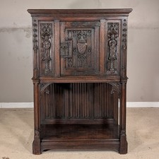 Antique French Gothic Carved Oak Cabinet Stand with Figural Panels Heraldic Door