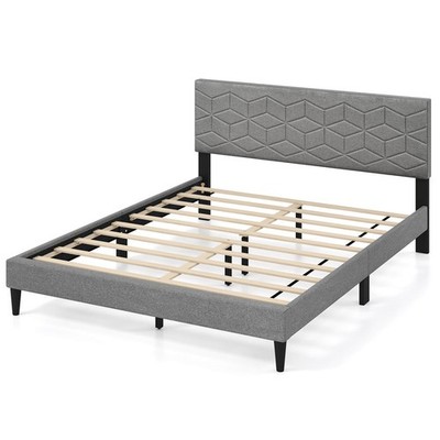 Queen Size Bed Frame w/Linen Fabric Upholstered Headboard & Wooden Slat Support