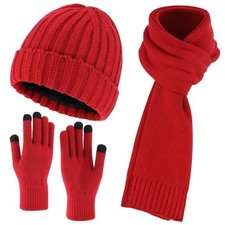 3 PCS Fleece Lined Cold Weather Set, Warm Winter Beanie Hat, Long Dark Red