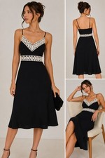 Ann Taylor Black Slip Dress Size 6 Crochet Lace Trim Spaghetti Strap Midi Y2K
