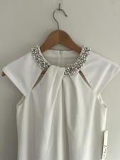 NWT White Crepe Eliza J Sheath Dress Cocktail Wedding Party Jewel Twist Neck 2