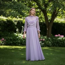 Vintage 70s Lilac Prairie Lace Maxi Dress Romantic Cottagecore Peasant Size 9/10