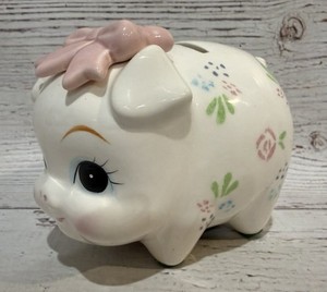 Vintage Lefton Anthropomorphic Piggy Bank Pink Bow Hand Painted Ceramic NICE