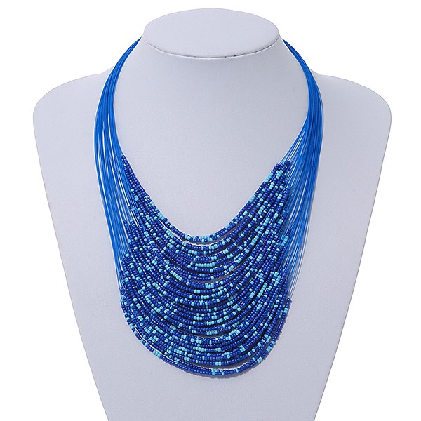 Blue Glass Bead Layered Necklace In Silver Plating - 54cm Length/ 6cm Extension