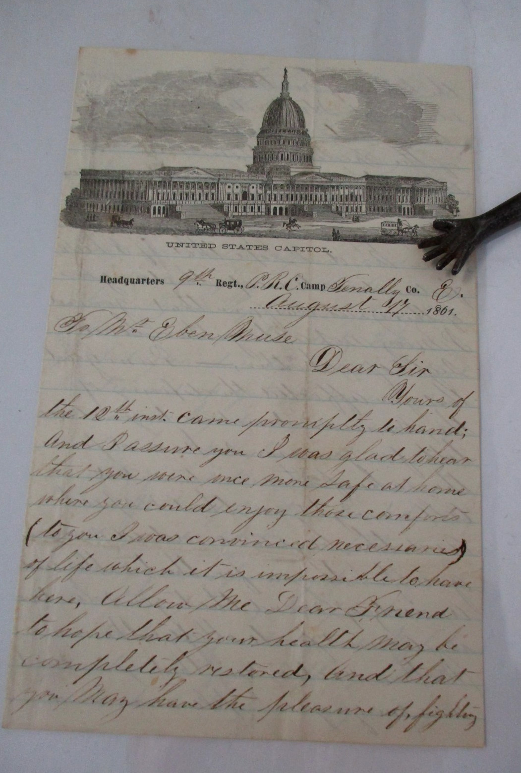 1861 Civil War Letter, Capitol Illus , 9th Regiment, P.R.C., Camp Tenally, Co. E