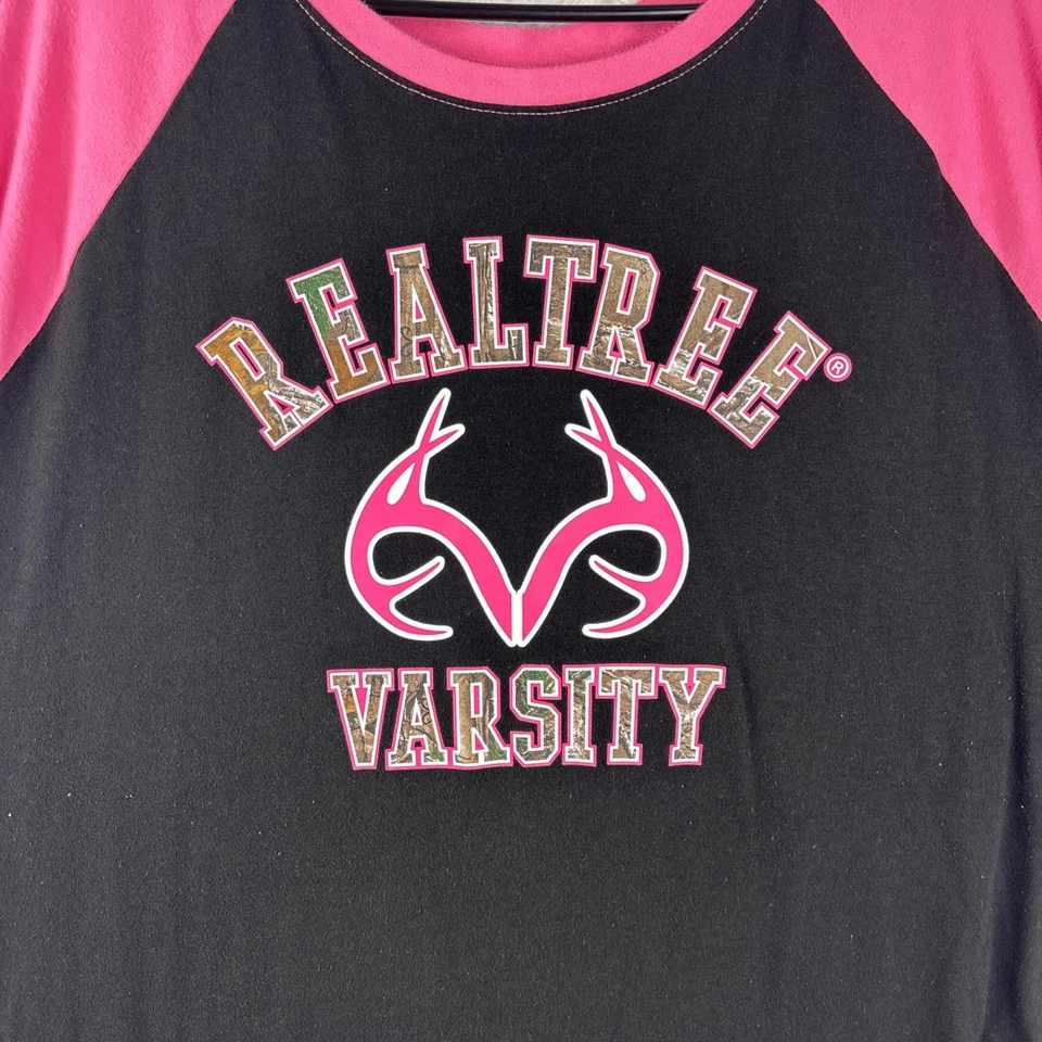 Realtree Varsity Girl Teen Long Sleeve Black & Pink Camo Top 2XL 3/4 Sleeve - Image 2 of 4