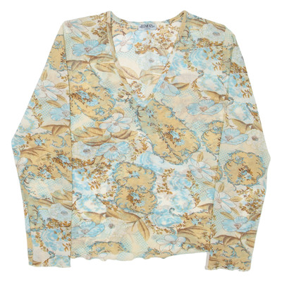 ELEMENTS Damen Bedrucktes Top Blau V-Ausschnitt Langarm Blumenmuster L