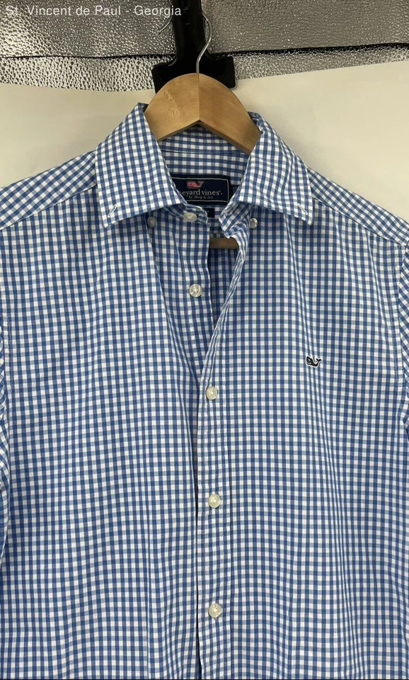 Vineyard Vines Blue Gingham Button Down Wale Shirt Dress Shirt Men's XS Preppy - Image 3 of 4
