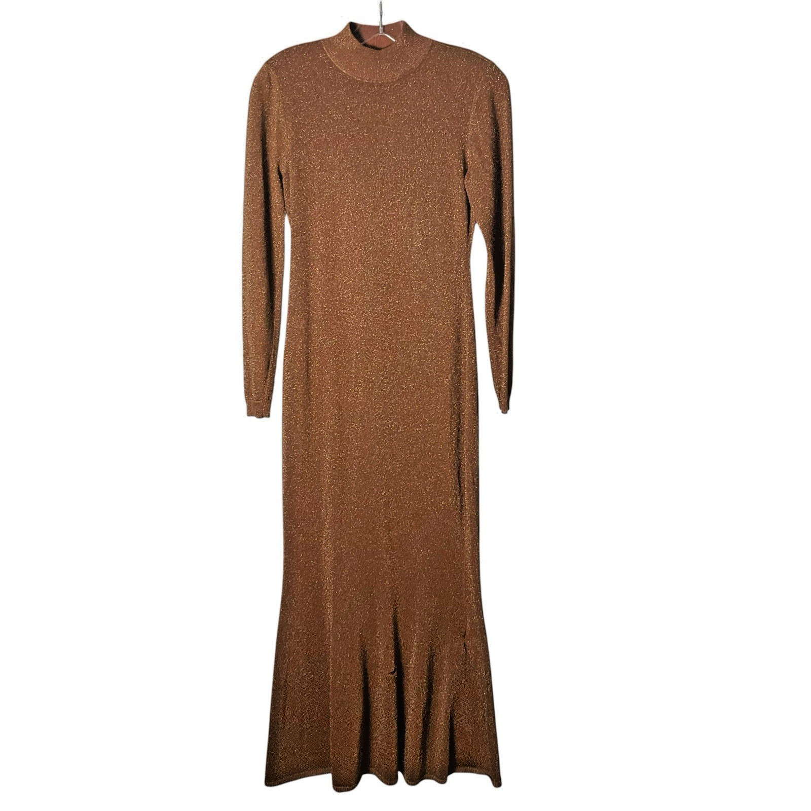 Ronny Kobo Sheer Metallic Dress Long-Sleeve Mock Neck Bronze Medium *READ FLAW*