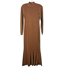Ronny Kobo Sheer Metallic Dress Long-Sleeve Mock Neck Bronze Medium *READ FLAW*