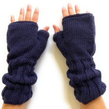 Wool Fingerless Long Blue Fleece Lined Gloves Texting Hand Arm Warmers NEW