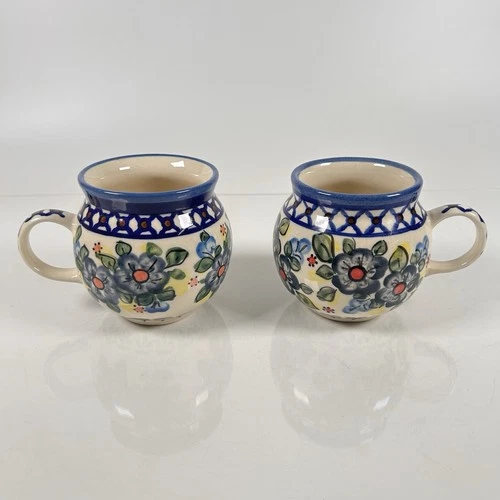 UNIKAT Polish Pottery 12 oz. Bubble Mugs Set of 2 Signed