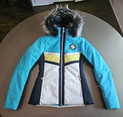 Sportalm Blue Yellow Black And White Ski Jacket With Fur Hood Size US 4
