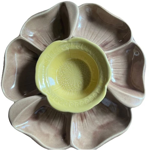 Vtg McCoy Flower Lazy Susan Dish Bowl Chip & Dip  Serving Set 60s/70s Brn Yellow