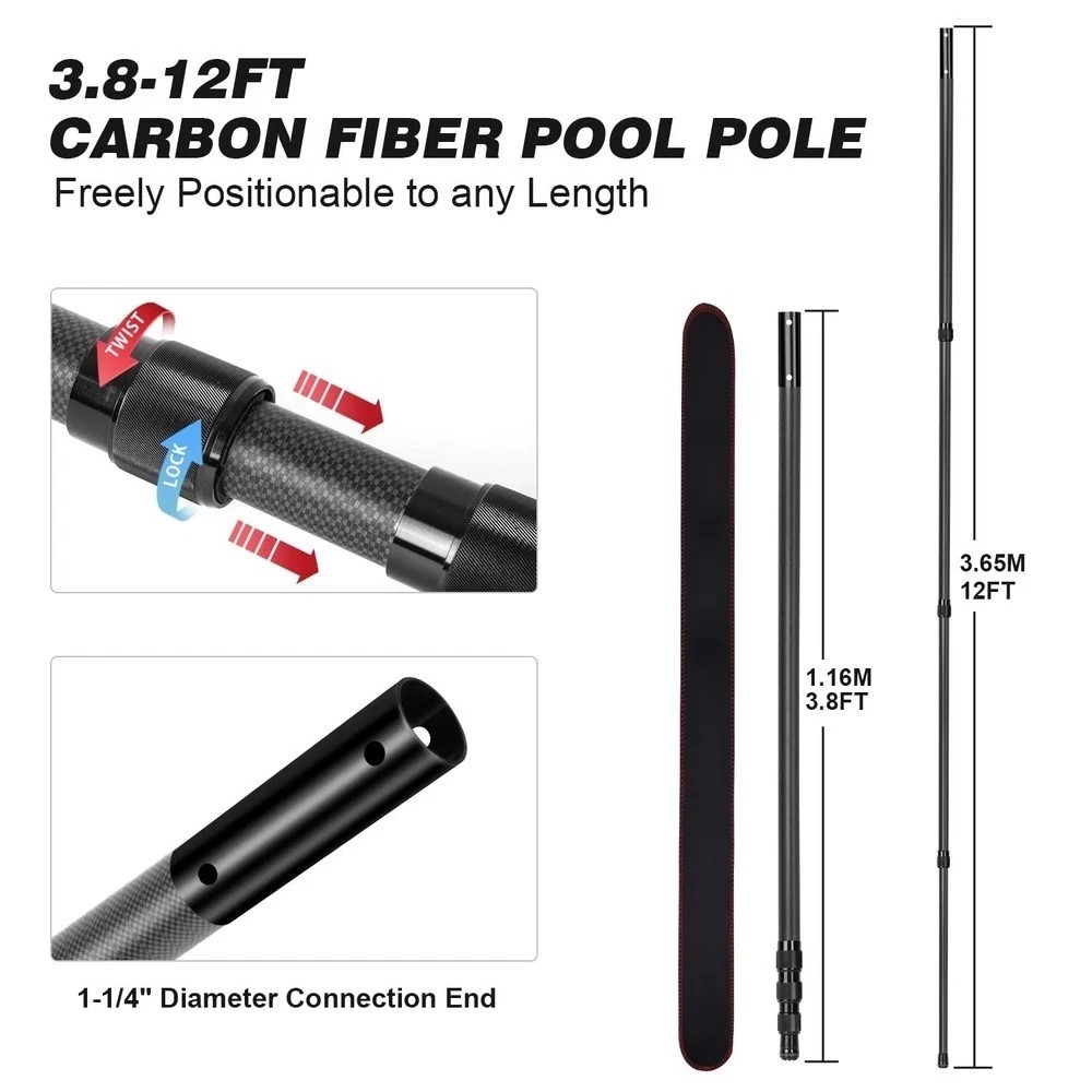 Carbon Fiber Pool Pole - Professional 12 Foot Telescopic Pool Cleaning Pole, ...