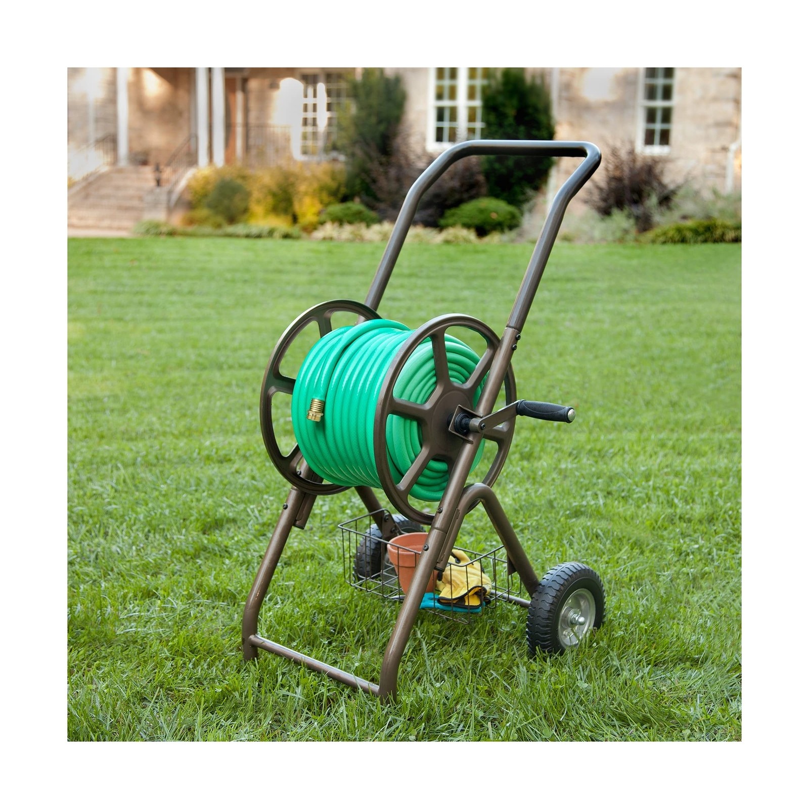 Two Wheel Hose Cart with Never Flat Tires and Storage Basket for Garden Yard Use