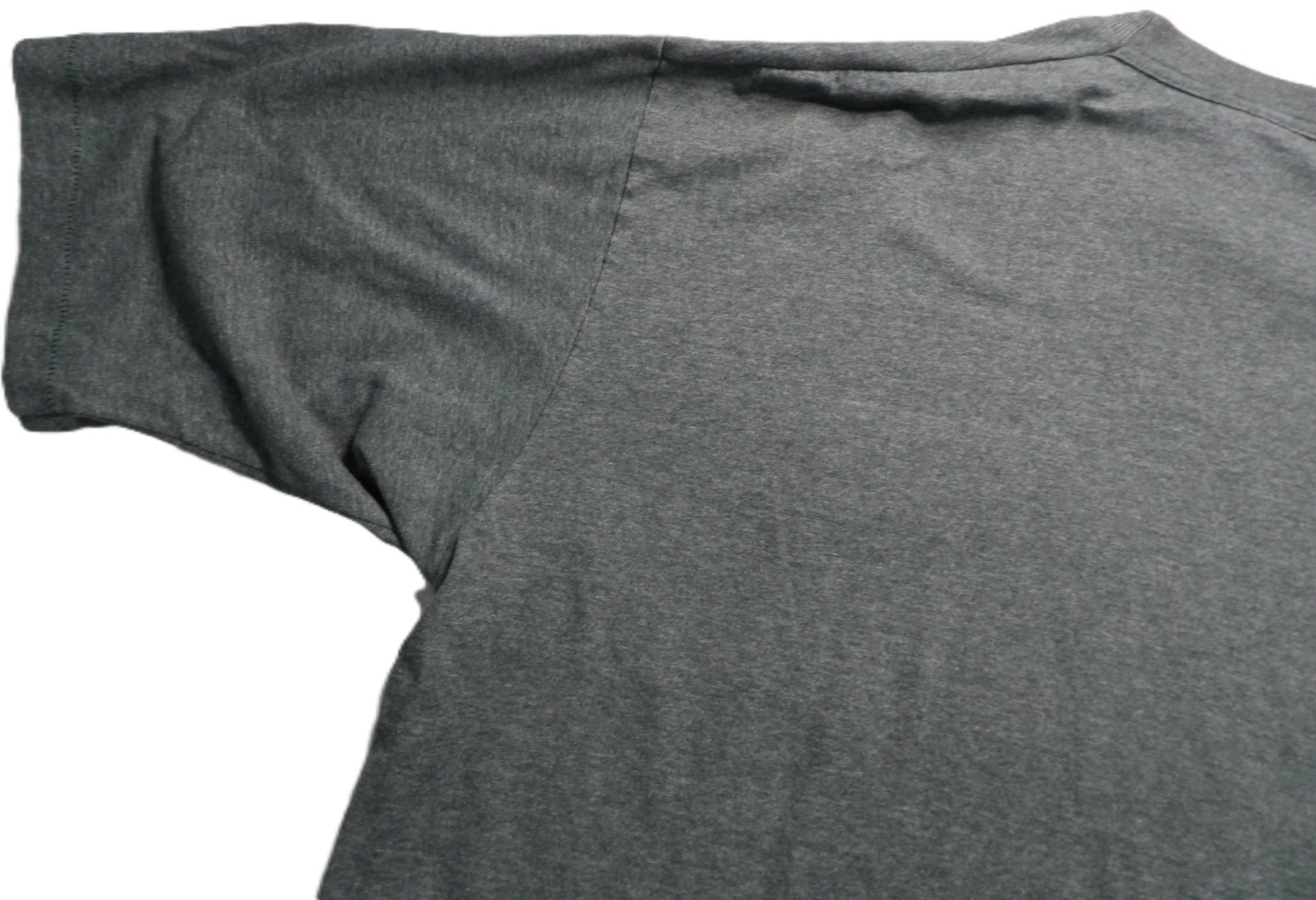Gray VTG men’s shirt XLT with short sleeves, shown close-up to reveal a single stitch on the neckline.