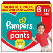 Pampers Baby-Dry Nappy Pants Size 8 (19kg+), Easy On & Off, 360° Fit,  117 Pants