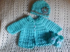 Handmade Infant 0-3 Crocheted Baby Set Sweater Hat Booties Robins Egg Blue