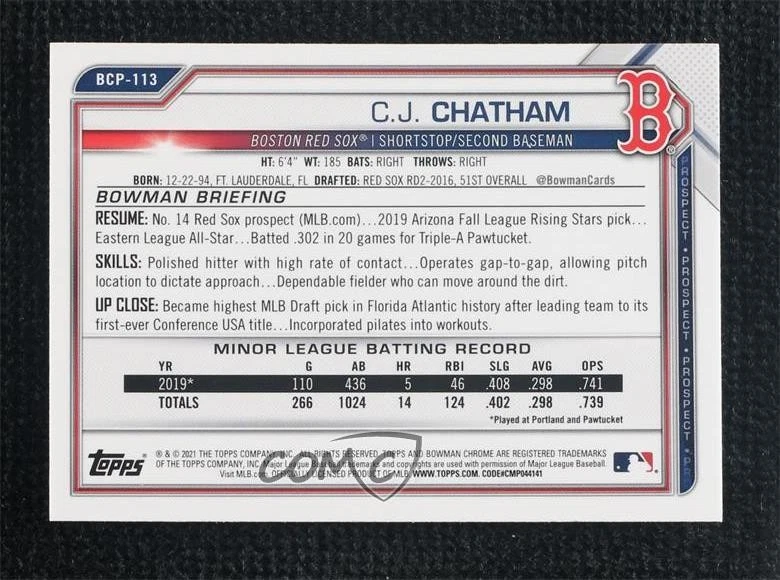 2021 Bowman Chrome Prospects Transcendent VIP Party 1/1 CJ Chatham #BCP-113 9su - Image 2 of 3