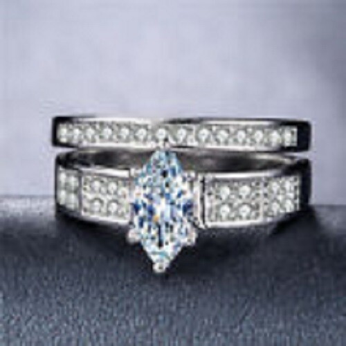 Wunderschöner 925er Silber Marquise Schnitt weiß Saphir Damen Hochzeit 2-teiliger Ring Größe 8 - Bild 1 von 1