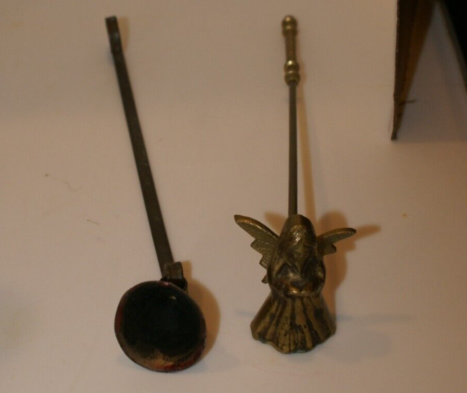 2 Vintage Candle Snuffers (1) TIN MOVEABLE BOTTOM (1) ANGEL BRASS STEM