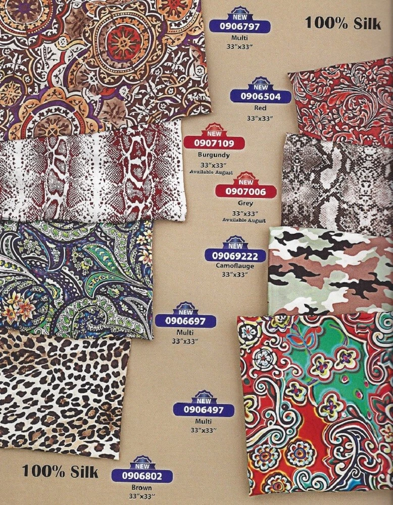 100% Silk Asst Patterns ~WILD RAG~ Scarf/Scarves/Cowboy/COLORS 33"x33"