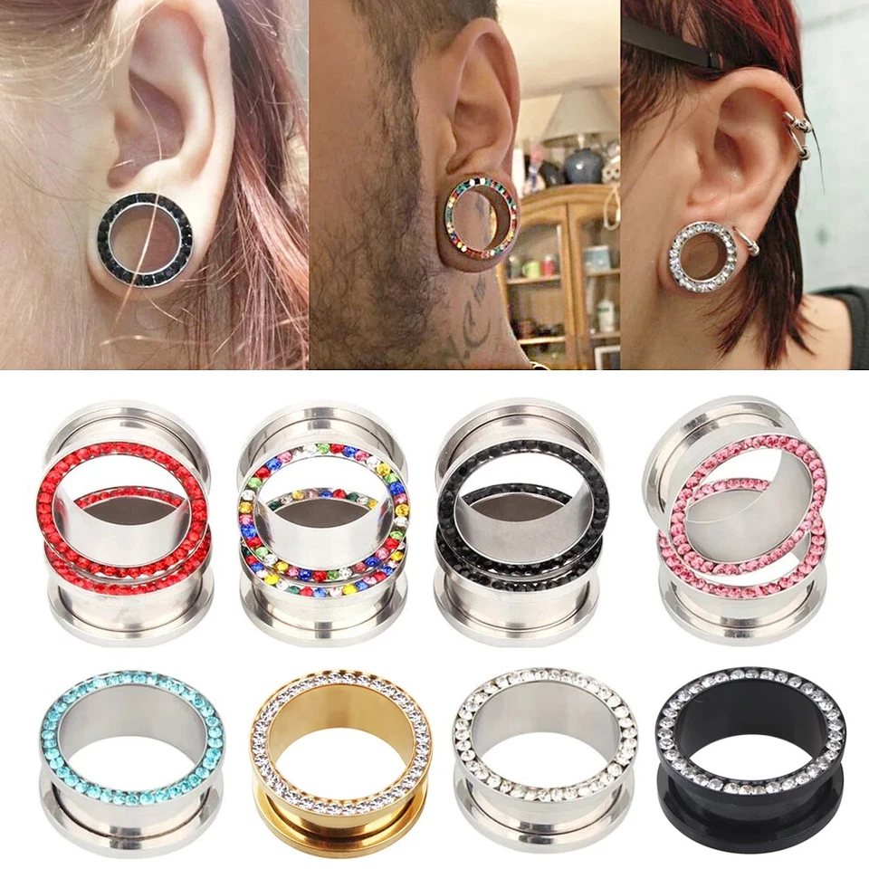 Medidores de oído tapones para los oídos acero inoxidable tornillo carne túneles orejeras huecas - 2 piezas Foto 3 de 4